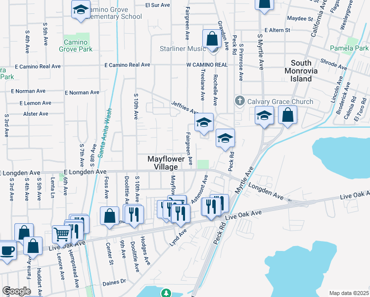 map of restaurants, bars, coffee shops, grocery stores, and more near 2665 Fairgreen Avenue in Arcadia
