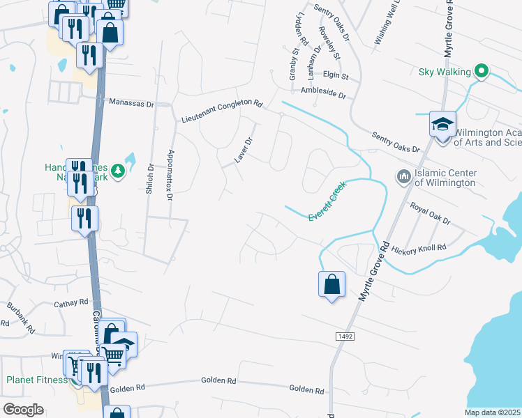 map of restaurants, bars, coffee shops, grocery stores, and more near 1013 Deer Hill Drive in Wilmington