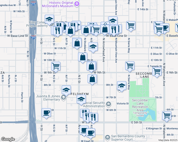 map of restaurants, bars, coffee shops, grocery stores, and more near 404 West 9th Street in San Bernardino