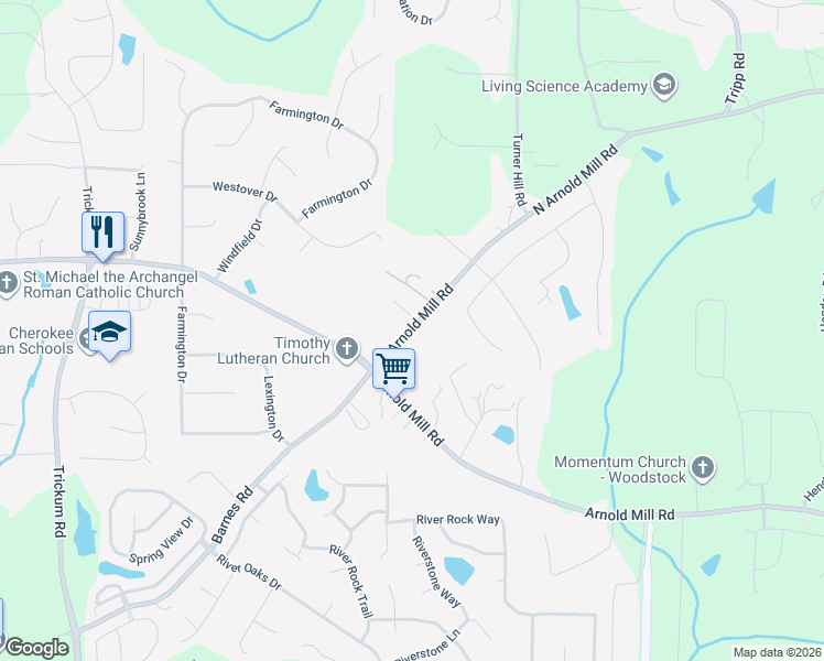 map of restaurants, bars, coffee shops, grocery stores, and more near 4020 North Arnold Mill Road in Woodstock