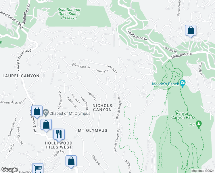 map of restaurants, bars, coffee shops, grocery stores, and more near 7518 Willow Glen Road in Los Angeles