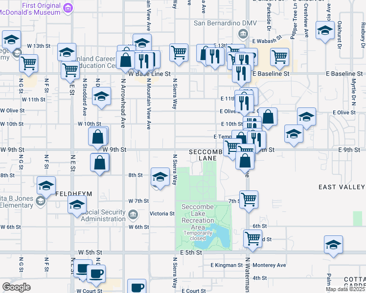 map of restaurants, bars, coffee shops, grocery stores, and more near 130 9th Street in San Bernardino