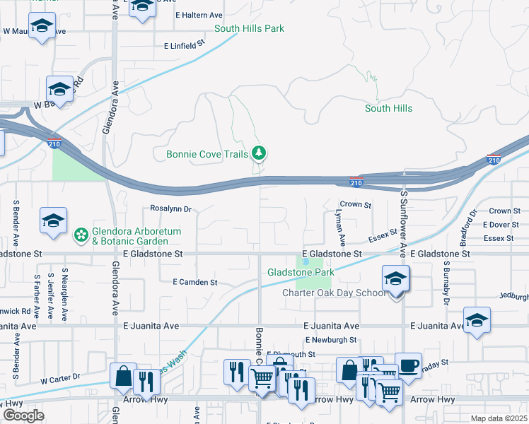 map of restaurants, bars, coffee shops, grocery stores, and more near 506 Crown Street in Glendora
