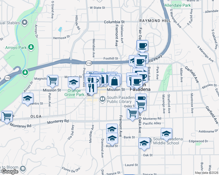 map of restaurants, bars, coffee shops, grocery stores, and more near 1104 Mission Street in South Pasadena