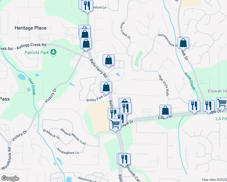 map of restaurants, bars, coffee shops, grocery stores, and more near 6454 Bells Ferry Road in Woodstock