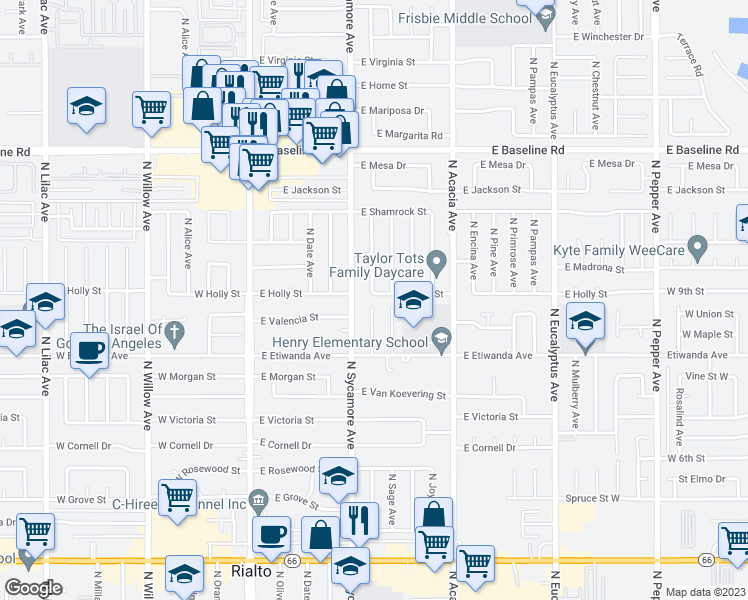 map of restaurants, bars, coffee shops, grocery stores, and more near 323 East Holly Street in Rialto