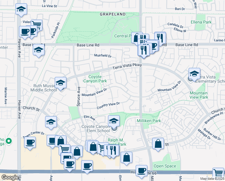 map of restaurants, bars, coffee shops, grocery stores, and more near 7615 Fairhaven Place in Rancho Cucamonga