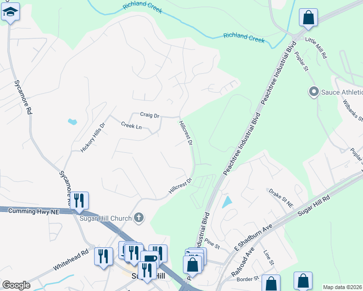map of restaurants, bars, coffee shops, grocery stores, and more near 1475 Brookdale Drive in Sugar Hill