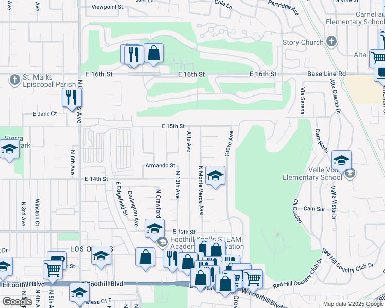 map of restaurants, bars, coffee shops, grocery stores, and more near 1446 Alta Avenue in Upland