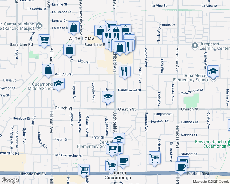 map of restaurants, bars, coffee shops, grocery stores, and more near Archibald Avenue in San Bernardino County
