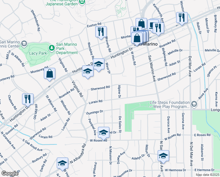 map of restaurants, bars, coffee shops, grocery stores, and more near 1805 West Drive in San Marino