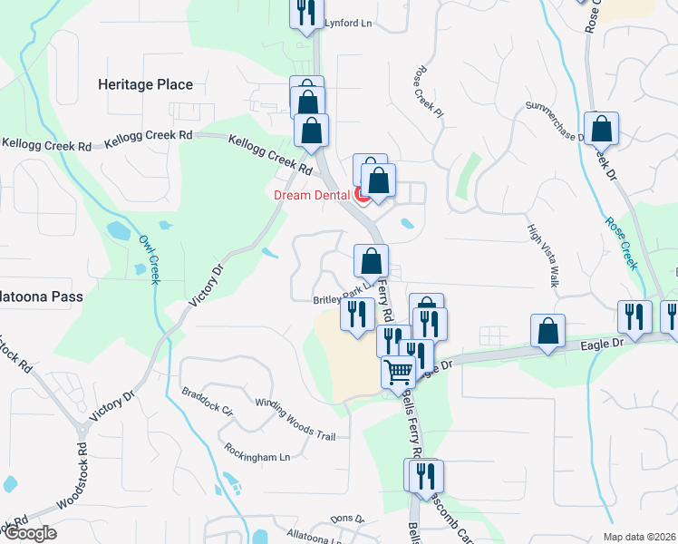 map of restaurants, bars, coffee shops, grocery stores, and more near 212 Chelsea Court in Woodstock
