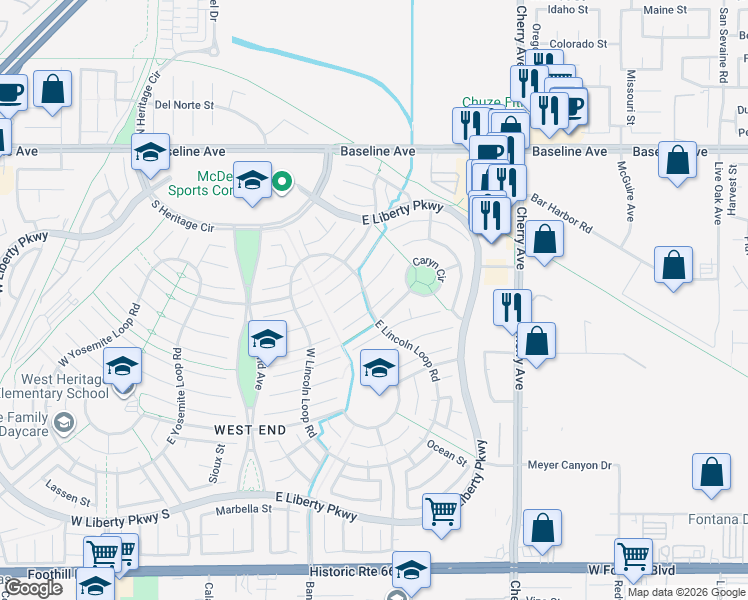 map of restaurants, bars, coffee shops, grocery stores, and more near 14204 Larkin Court in Fontana