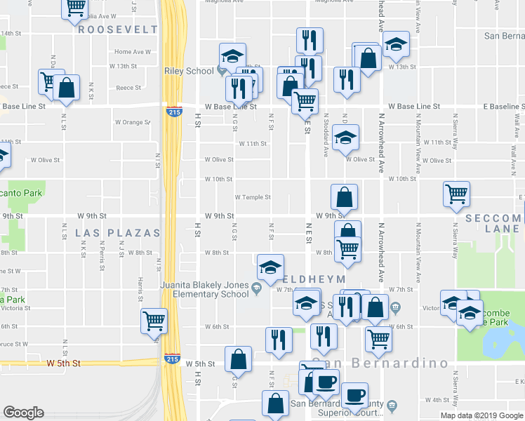 map of restaurants, bars, coffee shops, grocery stores, and more near 628 West 9th Street in San Bernardino