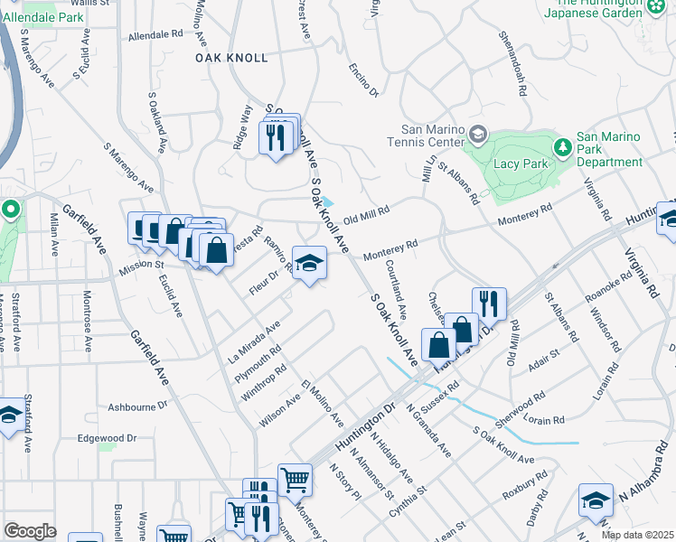 map of restaurants, bars, coffee shops, grocery stores, and more near 1999 South Oak Knoll Avenue in San Marino