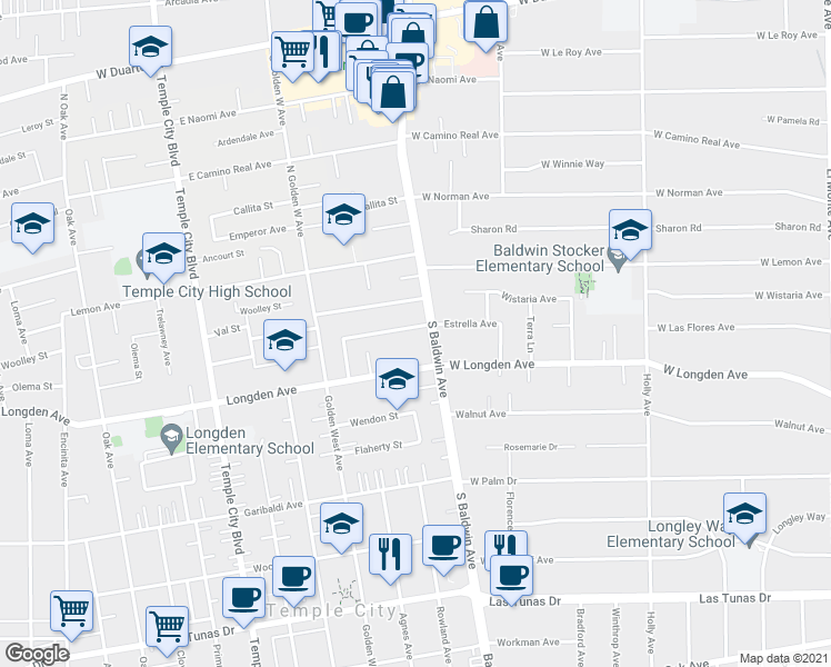 map of restaurants, bars, coffee shops, grocery stores, and more near 710 Estrella Avenue in Arcadia