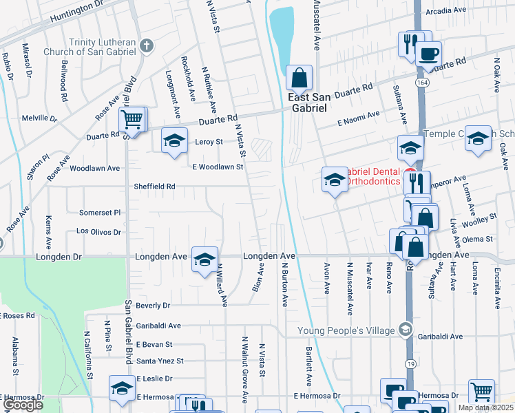 map of restaurants, bars, coffee shops, grocery stores, and more near 6430 North Vista Street in San Gabriel