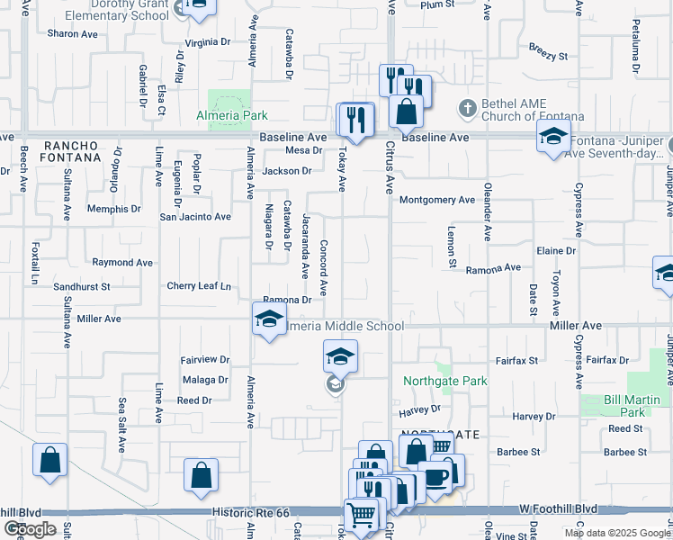 map of restaurants, bars, coffee shops, grocery stores, and more near 7600 Tokay Avenue in Fontana