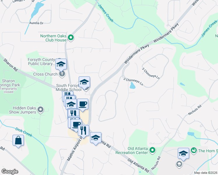 map of restaurants, bars, coffee shops, grocery stores, and more near 4315 Mantle Ridge Drive in Cumming