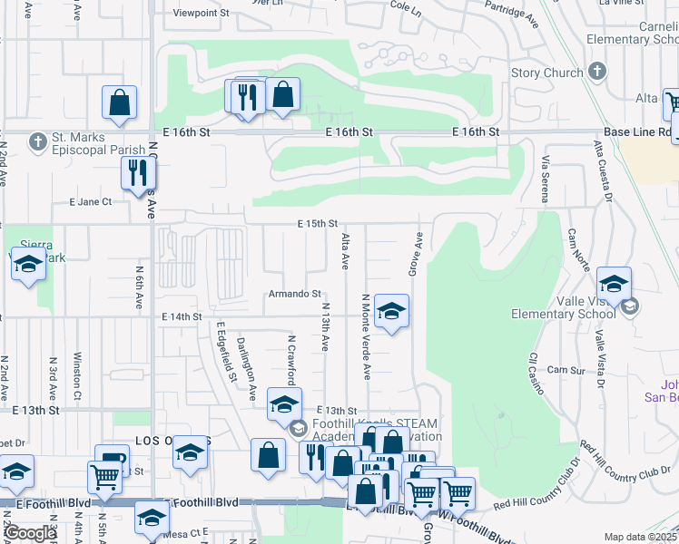 map of restaurants, bars, coffee shops, grocery stores, and more near 1447 Alta Avenue in Upland