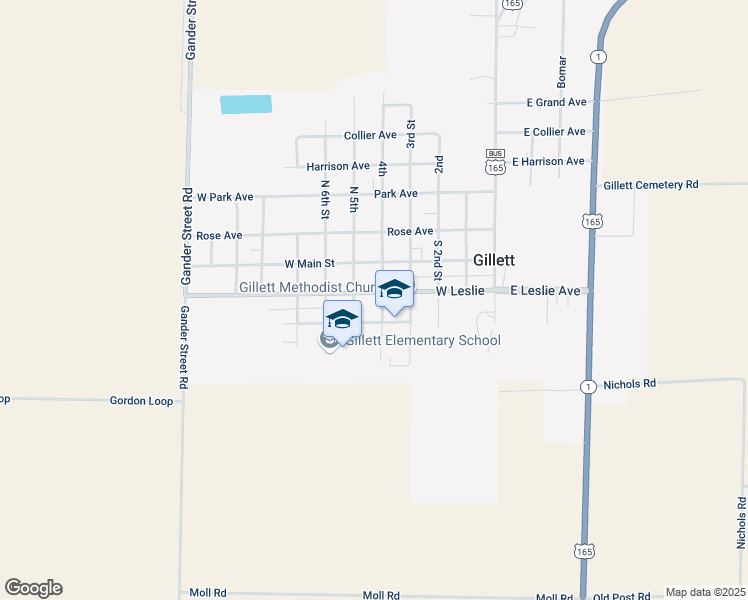 map of restaurants, bars, coffee shops, grocery stores, and more near 405 West Leslie Avenue in Gillett