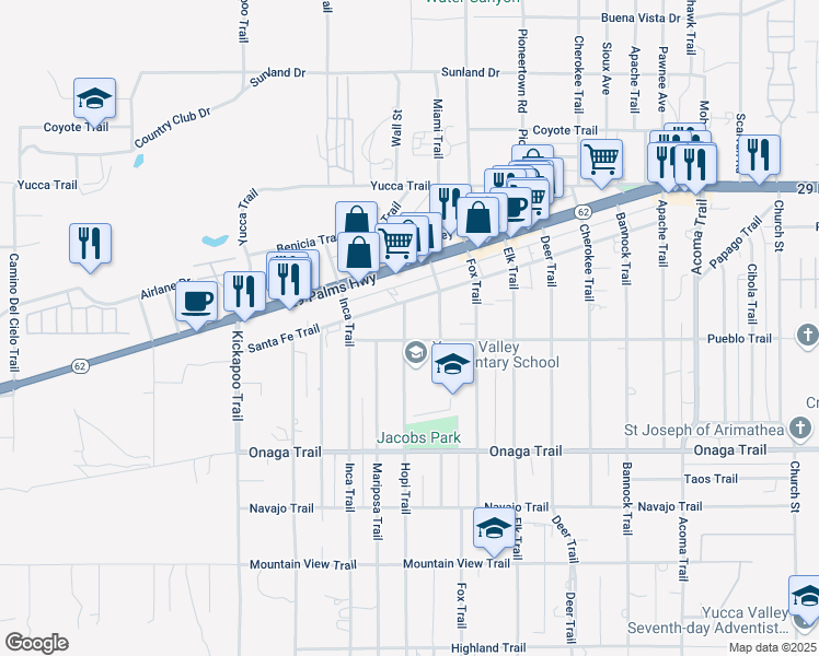 map of restaurants, bars, coffee shops, grocery stores, and more near 7483 Hopi Trail in Yucca Valley