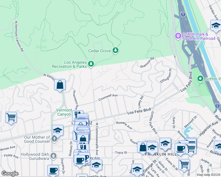 map of restaurants, bars, coffee shops, grocery stores, and more near 4130 Parva Avenue in Los Angeles