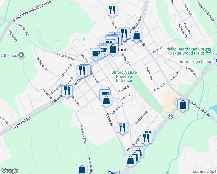 map of restaurants, bars, coffee shops, grocery stores, and more near 149 South Street in Buford
