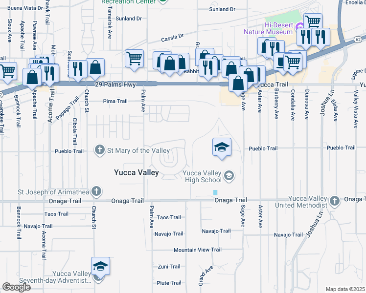 map of restaurants, bars, coffee shops, grocery stores, and more near 7501 Palm Avenue in Yucca Valley