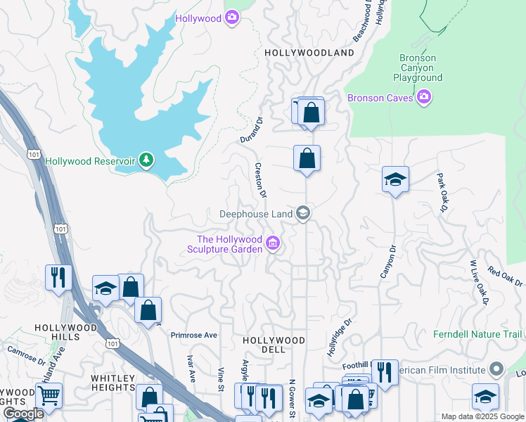 map of restaurants, bars, coffee shops, grocery stores, and more near 2609 Creston Drive in Los Angeles