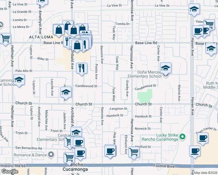 map of restaurants, bars, coffee shops, grocery stores, and more near 9951 Candlewood Street in Rancho Cucamonga