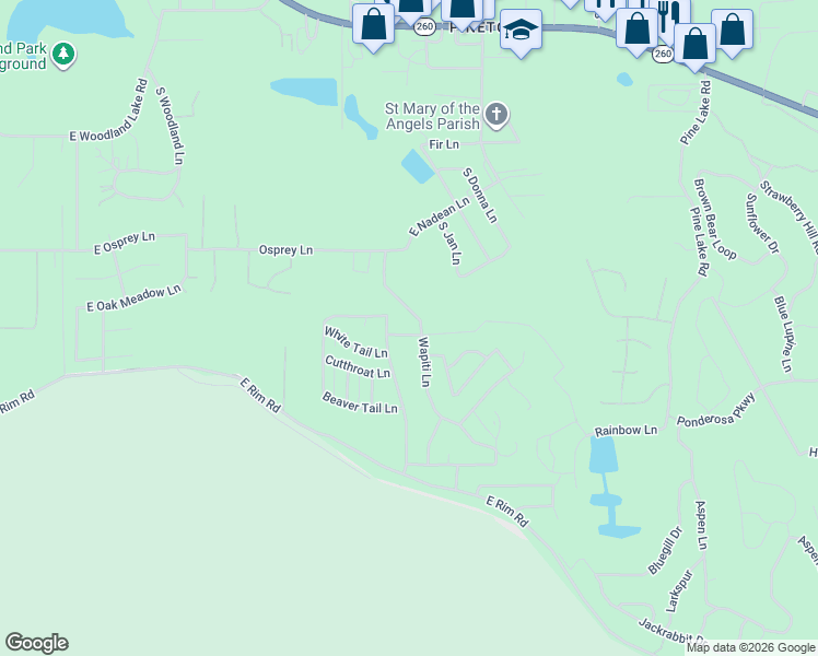 map of restaurants, bars, coffee shops, grocery stores, and more near 2662 Wapiti Lane in Pinetop-Lakeside