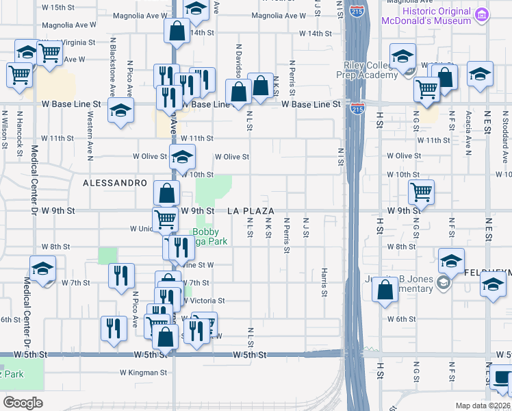 map of restaurants, bars, coffee shops, grocery stores, and more near 1098 West 9th Street in San Bernardino