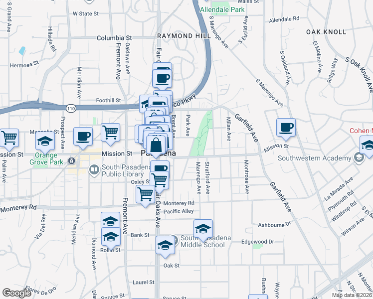 map of restaurants, bars, coffee shops, grocery stores, and more near 825 Park Avenue in South Pasadena