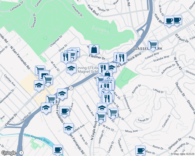 map of restaurants, bars, coffee shops, grocery stores, and more near 2857 West Avenue 34 in Los Angeles