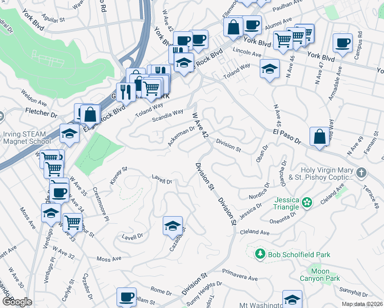map of restaurants, bars, coffee shops, grocery stores, and more near 4000 Barryknoll Drive in Los Angeles