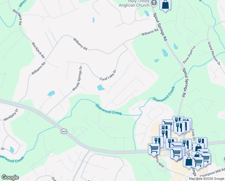 map of restaurants, bars, coffee shops, grocery stores, and more near 7343 Clubcrest Drive in Flowery Branch