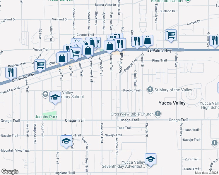 map of restaurants, bars, coffee shops, grocery stores, and more near 56032 Pueblo Trail in Yucca Valley