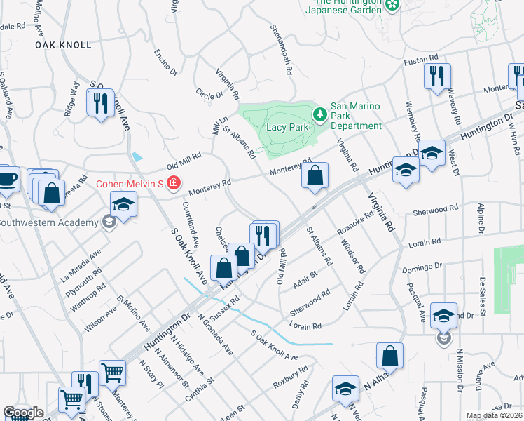 map of restaurants, bars, coffee shops, grocery stores, and more near 1480 Old Mill Road in San Marino