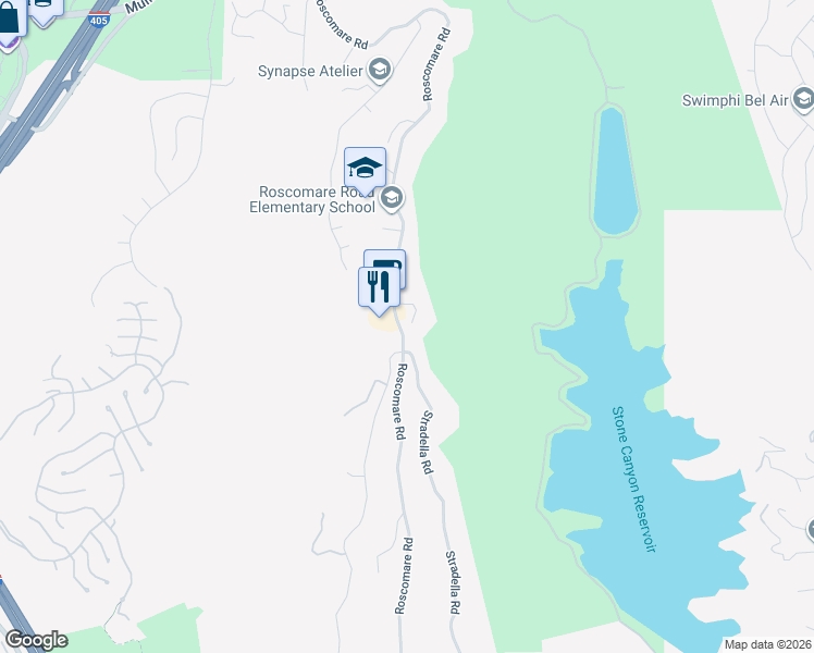 map of restaurants, bars, coffee shops, grocery stores, and more near 2323 Roscomare Road in Los Angeles