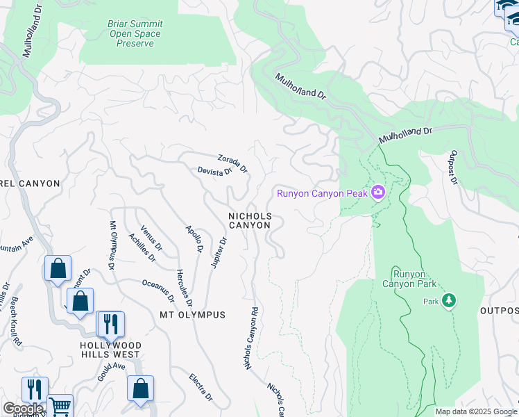 map of restaurants, bars, coffee shops, grocery stores, and more near 2395 Nichols Canyon Road in West Hollywood