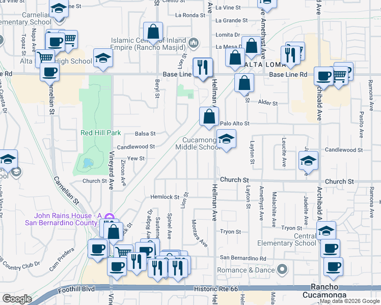 map of restaurants, bars, coffee shops, grocery stores, and more near 7577 Lion St in Rancho Cucamonga