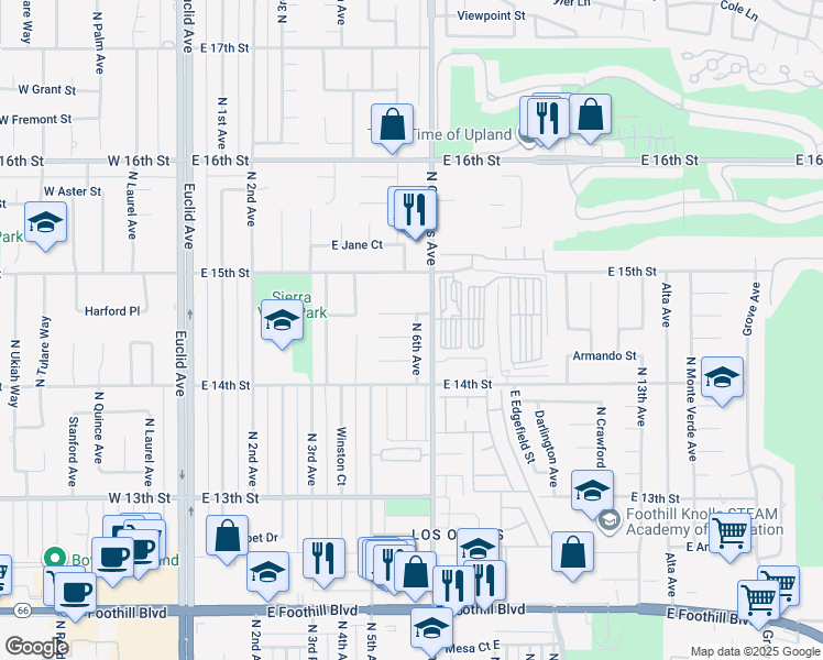 map of restaurants, bars, coffee shops, grocery stores, and more near 655 Doreen Court in Upland