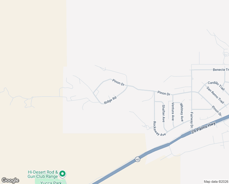 map of restaurants, bars, coffee shops, grocery stores, and more near 54046 Ridge Road in Yucca Valley