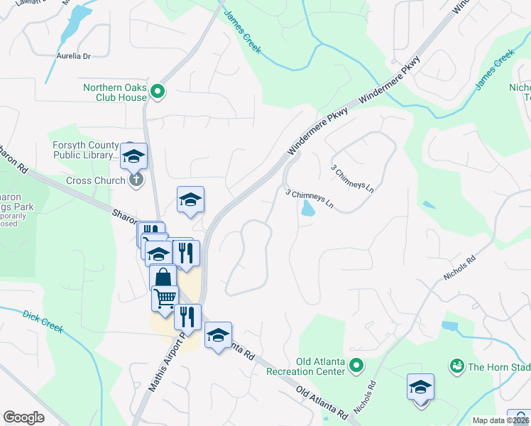map of restaurants, bars, coffee shops, grocery stores, and more near 3720 Hearthway Ln in Cumming