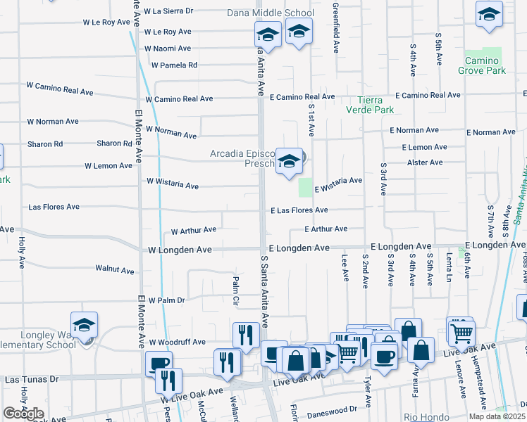 map of restaurants, bars, coffee shops, grocery stores, and more near 2 East Las Flores Avenue in Arcadia
