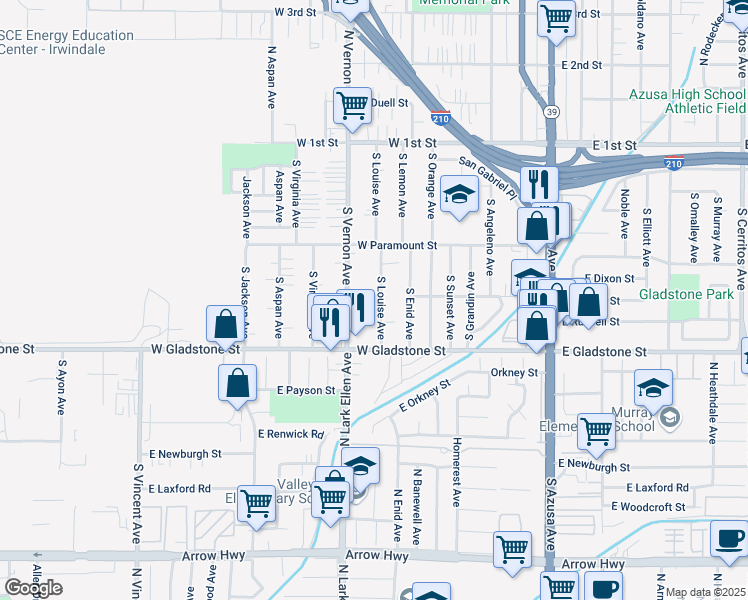 map of restaurants, bars, coffee shops, grocery stores, and more near 401 South Louise Avenue in Azusa