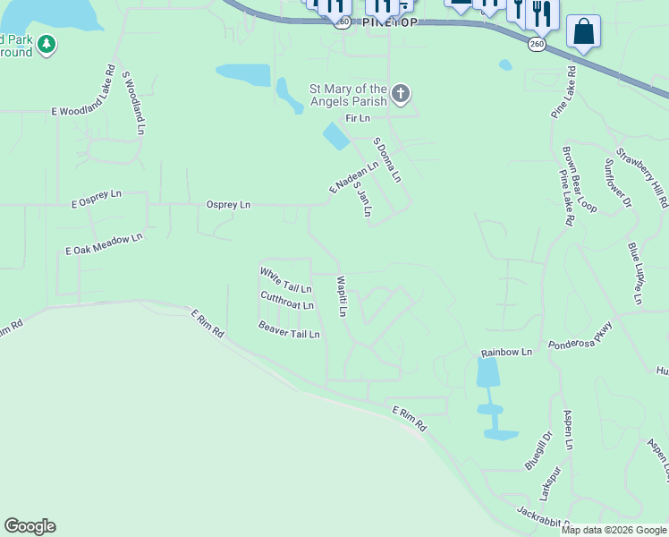 map of restaurants, bars, coffee shops, grocery stores, and more near 2662 Wapiti Lane in Pinetop-Lakeside