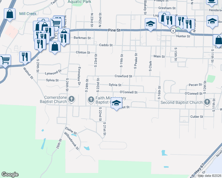 map of restaurants, bars, coffee shops, grocery stores, and more near 1912 O'Connell Street in Arkadelphia
