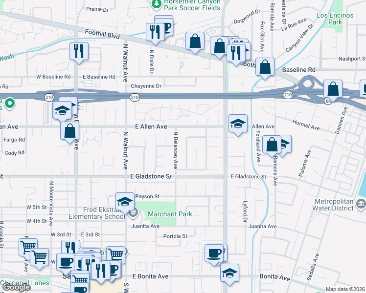 map of restaurants, bars, coffee shops, grocery stores, and more near 815 North Hatfield Avenue in San Dimas